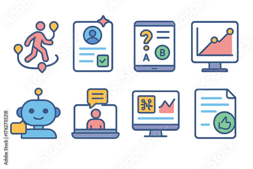 AI-Driven E-Learning Tools flat icons: personalized learning path, smart recommendation card, adaptive quiz system, progress prediction graph, virtual tutor bot, student engagement