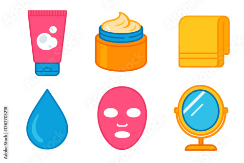 Skincare How-To flat icons: cleanser, cream jar, towel, droplet, face mask, mirror.