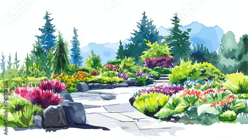 Butchart Gardens. Butchart Gardens hand drawn watercolor illustration