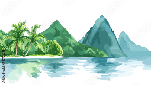 Castries and the Pitons. Castries and the Pitons hand drawn watercolor illustration