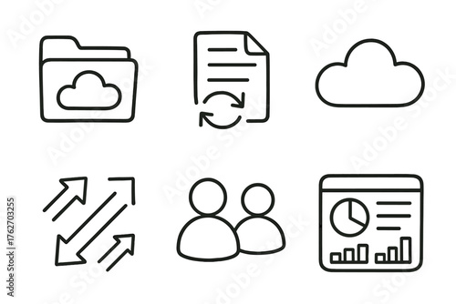 Cloud Collaboration set of icons in doodle hand-drawn vector style: shared folder, document sync, cloud icon, link arrows, user avatars, online dashboard.