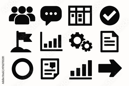 Team Progress Tracking silhouette set: group icon, chat bubble, task board, approval check, milestone flag, project chart, collaboration gear, document sheet, progress ring,