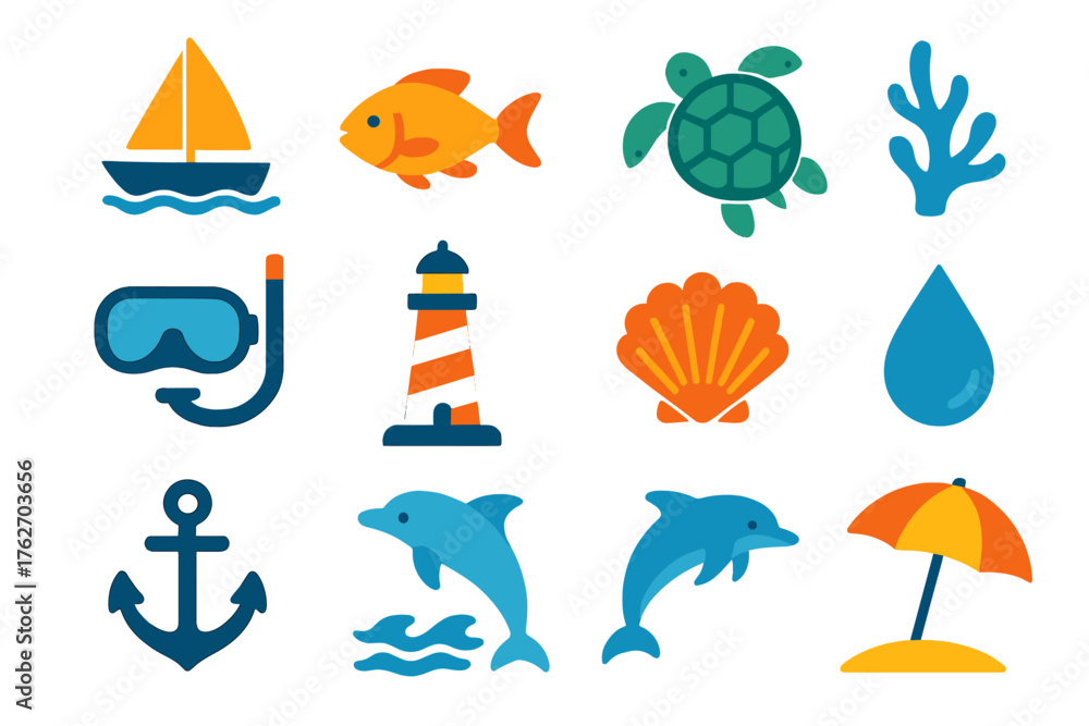Fototapeta premium Marine Eco Tourism flat icons: sailboat, fish, turtle, coral, wave, snorkel mask, lighthouse, shell, water droplet, anchor, dolphin, beach umbrella.