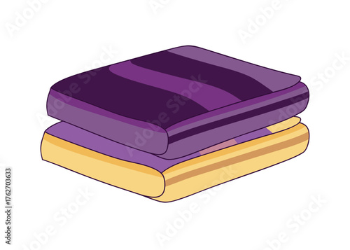 Stacked folded blankets vector illustration, purple and yellow textile linens isolated on white background
