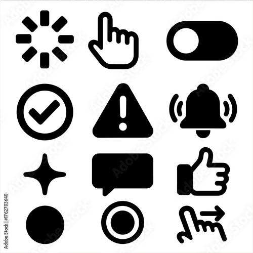 Microinteractions silhouette set: loading spinner, hover icon, toggle switch, progress bar, success checkmark, error alert, notification bell, like button, animation spark, tooltip