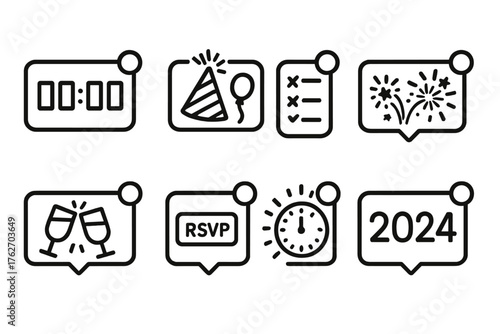 New Year Notifications outline icon set: midnight countdown alert, party invite ping, resolution tracker reminder, fireworks start alert, champagne toast message, event RSVP pop-up