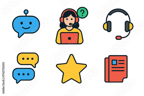 Customer Support flat icons: chatbot bubble, help desk icon, call center headset, message thread, feedback star, support ticket.