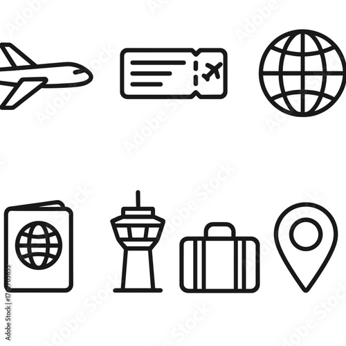 Air Travel outline icon set: airplane view, ticket stub, flight schedule, world globe, passport icon, control tower, travel bag, location pin.