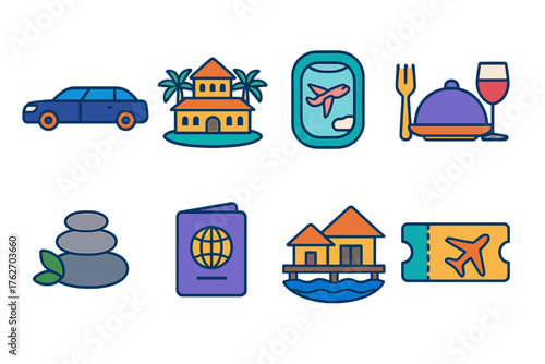 Luxury Travel flat icons: limousine, exclusive resort, airplane window, fine dining, spa stones, travel passport, ocean villa, premium ticket.