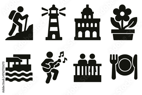 Nearby Experiences silhouette set: hiking trail, lighthouse, historic building, botanical garden, waterfront, street performer, observation deck, restaurant icon.