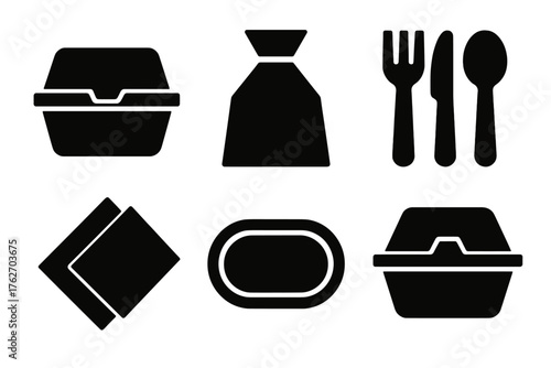 Meal Packaging silhouette set: takeout container, sealed bag, utensils set, napkin, food label, eco box.