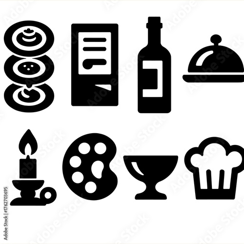 Culinary Courses silhouette set: multi-course meal, menu paper, wine bottle, dessert tray, candlelight icon, flavor palette, elegant bowl, chef’s toque.
