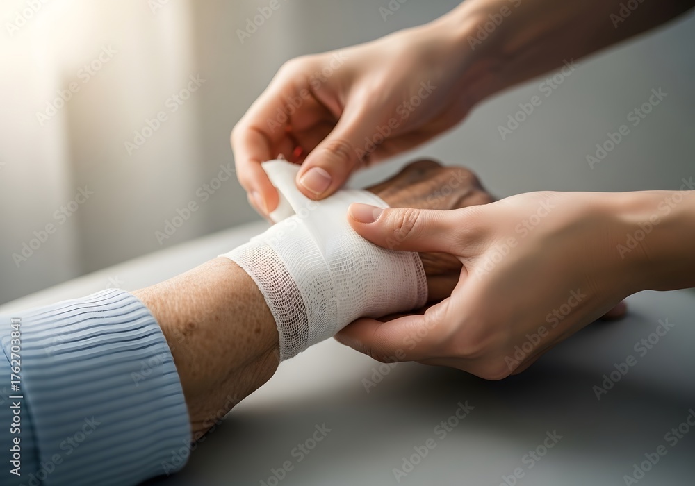 Fototapeta premium Nurse applying bandage to elderly patients wrist, closeup on hands and wound care