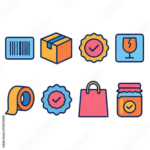 Product Security Seal flat icons: barcode, package box, approval sticker, fragile label, tape roll, warranty badge, shopping bag, sealed jar.