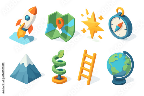 Expansion set icons in modern isometric flat vector style: rocket launch, unfolding map, starburst, compass, mountain peak, spiral growth, ladder, globe.