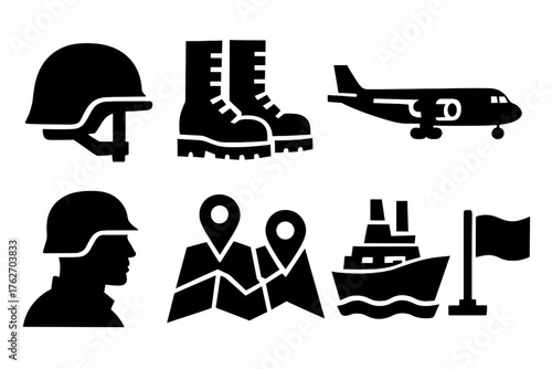 Military Deployment silhouette set: helmet, marching boots, cargo plane, tank, ship, soldier silhouette, map with markers, flag.