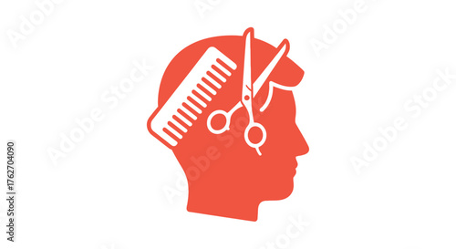 Red head profile with barber tools inside a striking silhouette