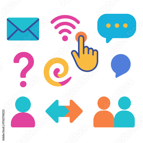 Interaction flat icons: message icon, signal waves, touchscreen hand, question mark, conversation cloud, abstract swirl, arrows meeting, people figures.