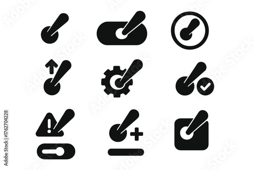 Lever UI silhouette set: minimal lever icon, lever toggle switch, lever inside circle, lever inside square, lever up/down arrows, lever with settings gear, lever with checkmark,
