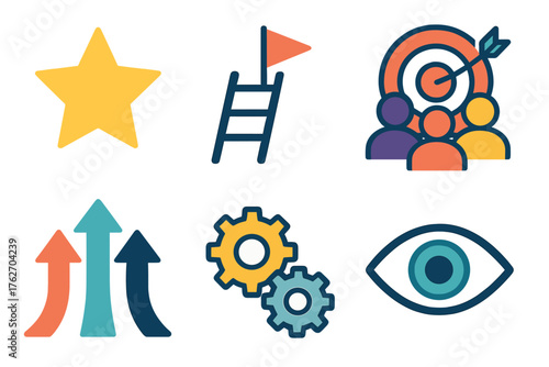 Shared Goal flat icons: star symbol, ladder to flag, group of people with target, guiding arrows, interlocking gears, shared vision eye.