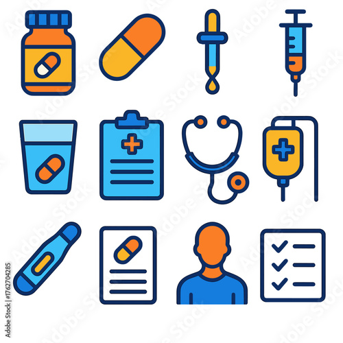 Medical intake flat icons: pill bottle, capsule, dropper, syringe, glass of water with pill, hospital chart, stethoscope, IV drip, thermometer, dosage sheet, patient figure,