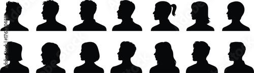 Silhouette, profile, human head, hairstyle, black bust, male, female, avatar, vector, icon, diversity, people, character, design, template, facial shape, hair texture, minimal, illustration, identity