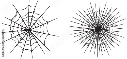 Two abstract spider web designs, radial and intricate, black on white background.