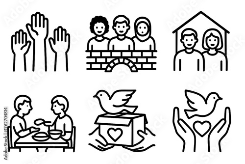 Community Task Force outline icon set: raised hands, diverse people, community bridge, shelter roof, shared meal, donation box, peace dove, heart in hands.