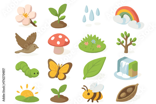 Nature Rebirth set icons in modern isometric flat vector style: spring blossom, green shoot, falling rain, rainbow, migrating bird, mushroom, meadow, budding tree, caterpillar,