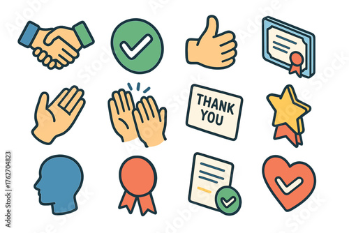 Acknowledgment Basics set icons in modern isometric flat vector style: handshake icon, checkmark in circle, thumbs up, certificate icon, open hand gesture, clapping hands, thank