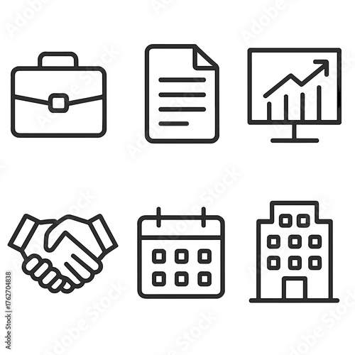 Business profiles outline icon set: briefcase, document, chart, handshake, calendar, building.