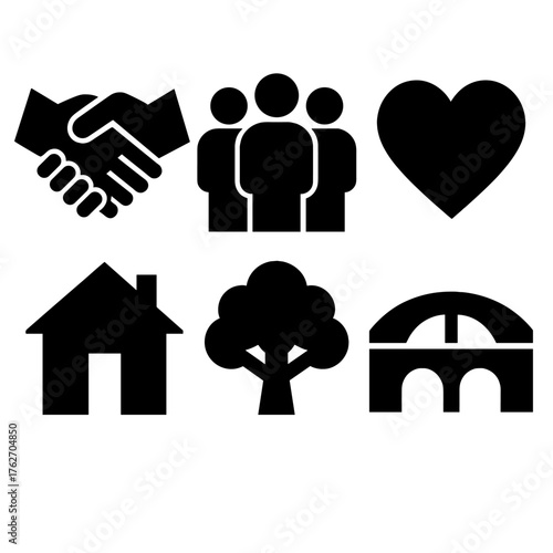 Community outreach silhouette set: handshake, people group, heart, house, tree, bridge.