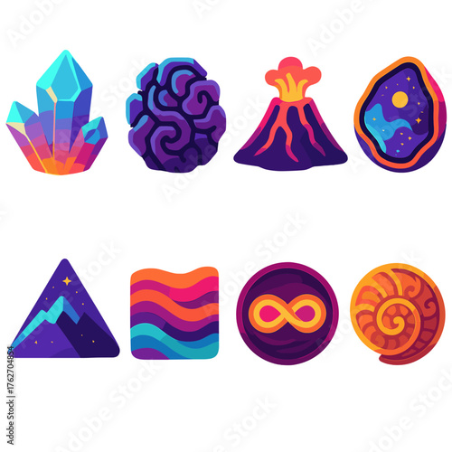 Creative geology flat icons: glowing crystal, fractal rock pattern, neon volcano, cosmic geode, starry mountain, abstract strata, infinity core, ornate fossil swirl.