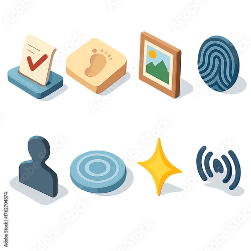 Impression set icons in modern isometric flat vector style: typewriter mark, footprint in sand, photo frame, fingerprint swirl, shadow silhouette, ripple effect, glowing star, echo