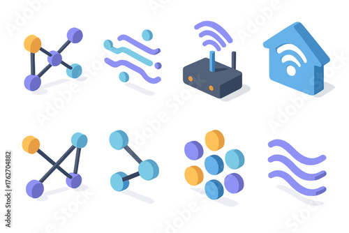 Connectivity set icons in modern isometric flat vector style: group of dots connected, data flow, wifi router, smart home hub, abstract nodes, connected lines, cluster, streaming