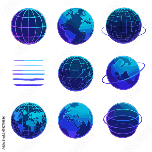 Latitude Creative set icons in modern isometric flat vector style: neon globe with parallels, glowing equator, holographic Earth with lines, fractal grid globe, cosmic latitude