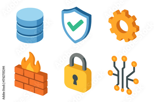 Data protection firewall set icons in modern isometric flat vector style: database stack, shield with checkmark, gear, firewall icon, padlock, circuit.