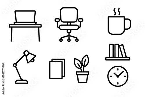 Home Office outline icon set: laptop on desk, swivel chair, cup of coffee, bookshelf, lamp, paper stack, plant, clock. , , High resolution, sharp vector-like appearance, ideal for