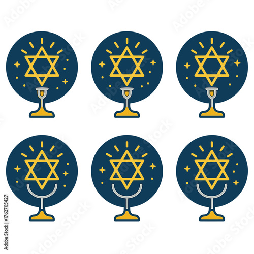 Hanukkah Star Symbolism flat icons: six-pointed star, radiant glow, menorah base, silver outline, night sky, circular frame. , , High resolution, sharp vector-like appearance,