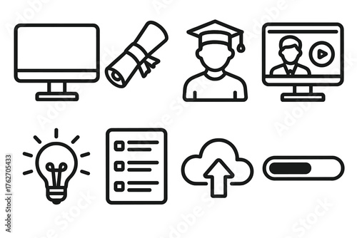 E-Learning outline icon set: computer monitor, diploma scroll, student avatar, video lecture, knowledge icon, course list, cloud storage, progress bar. , , High resolution, sharp