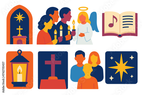 Christmas Eve Mass flat icons: church interior, candle procession, angel figure, choir songbook, altar cross, glowing lanterns, star of Bethlehem, peaceful worshippers. , , High