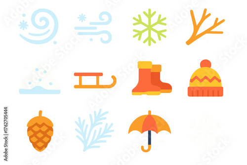 Winter Flurries flat icons: snow swirl, gust of wind, ice crystal, tree branch, snow pile, sled, boots, wool hat, pine cone, frost pattern, umbrella, snowflake cluster. , , High