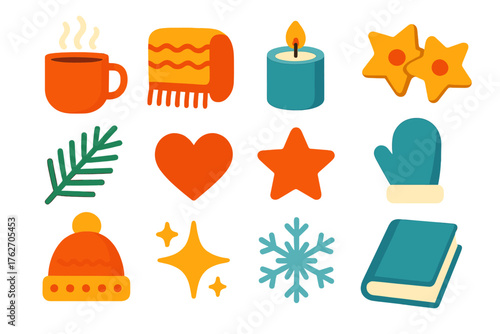 Winter Cozy Wishes flat icons: steaming mug, blanket, candle, cookies, pine sprig, heart, star, mitten, wool hat, sparkle, snowflake, book. , , High resolution, sharp vector-like