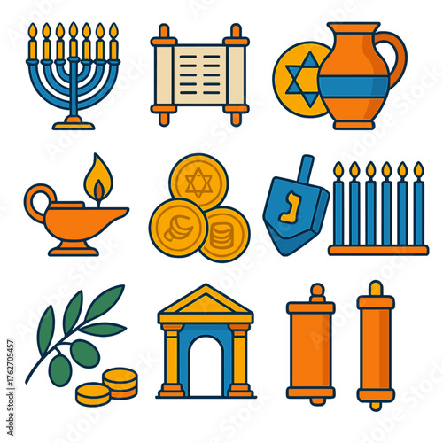 Hanukkah Heritage flat icons: menorah glow, Torah scroll, star emblem, clay jug, oil lamp, Hebrew text, coins pile, dreidel top, candle set, olive branch, temple gate, scroll case.
