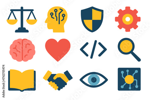 AI Ethics flat icons: balance scale, AI head, shield, gear, brain, heart, code brackets, magnifying glass, book, handshake, eye, circuit board. , , High resolution, sharp