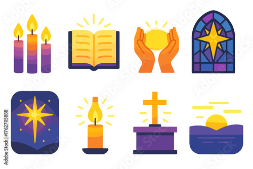 Advent Divine Light flat icons: glowing candles, sacred text, stained glass, star of Bethlehem, gentle illumination, worship hands, cross on altar, calm horizon. , , High