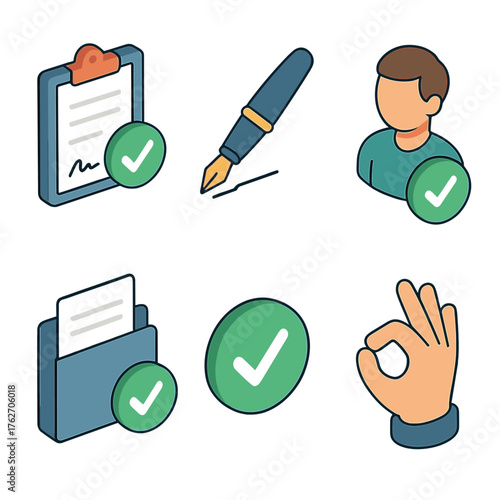 Consent set icons in modern isometric flat vector style: clipboard with check, signature pen, person giving nod, contract folder, approval circle, ok hand.