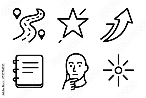 Intentional Choices outline icon set: roadmap, guiding star, purpose arrow, journal page, thoughtful face, light spark. , , High resolution, sharp vector-like appearance, ideal for