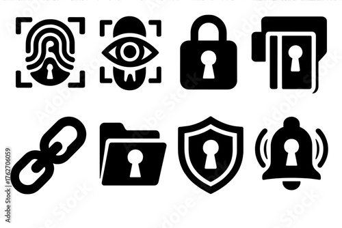 Security keyhole silhouette set: fingerprint scanner, retina scan, digital lock, keycard slot, chain link, secure folder, shield lock, alarm bell.