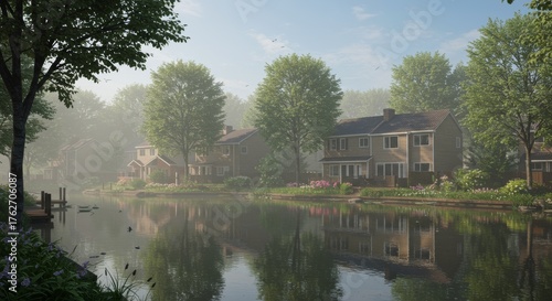 Wallpaper Mural Tranquil lakeside neighborhood scene with houses trees and calm water misty atmosphere peaceful outdoor environment Torontodigital.ca